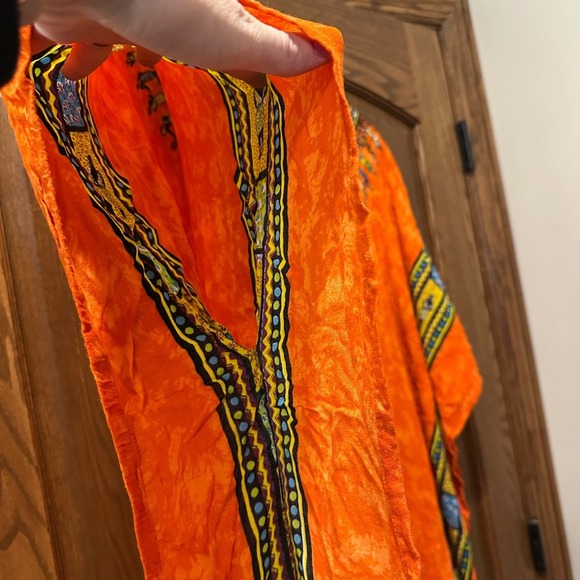 SOL Orange Dashiki Caftan Dress Free Size Bohemian Festival Fringe - Picture 6 of 7